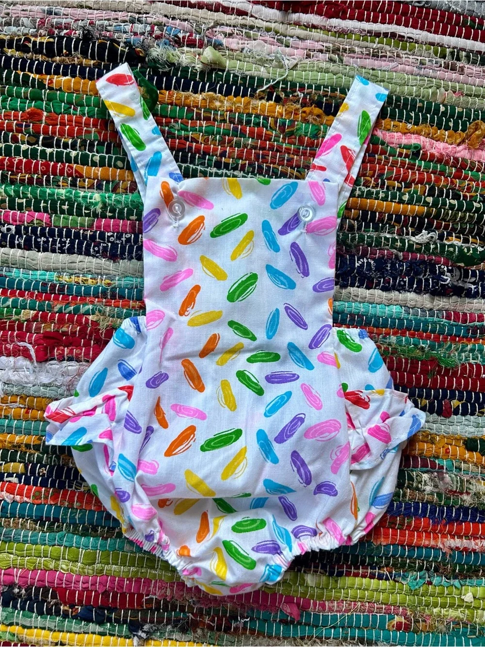Vintage Handmade Ruffle Bum Baby Romper with Colorful Print 6-12 MOS